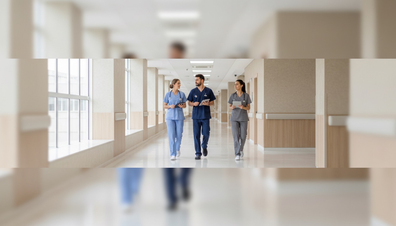 Equipe clínica multiprofissional em deslocamento coordenado dentro de hospital brasileiro